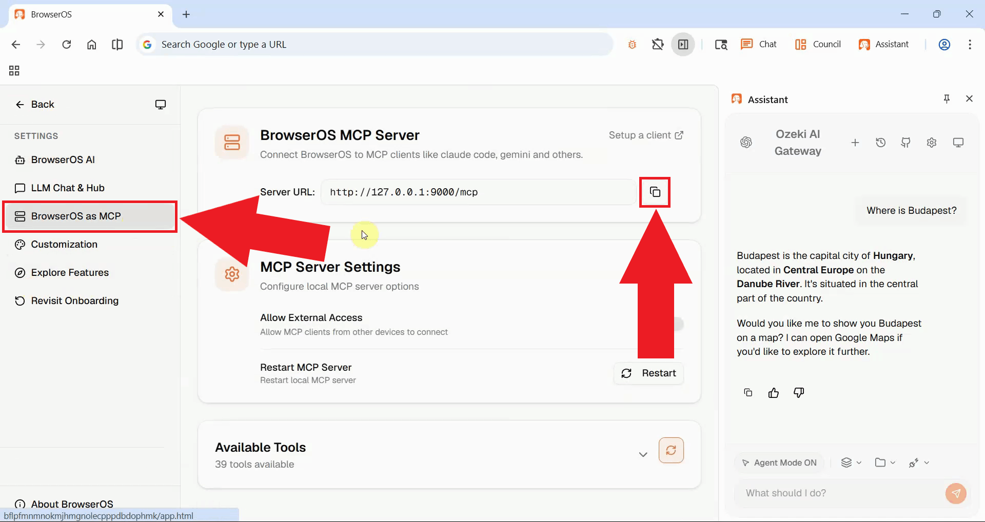 Copy BrowserOS server URL