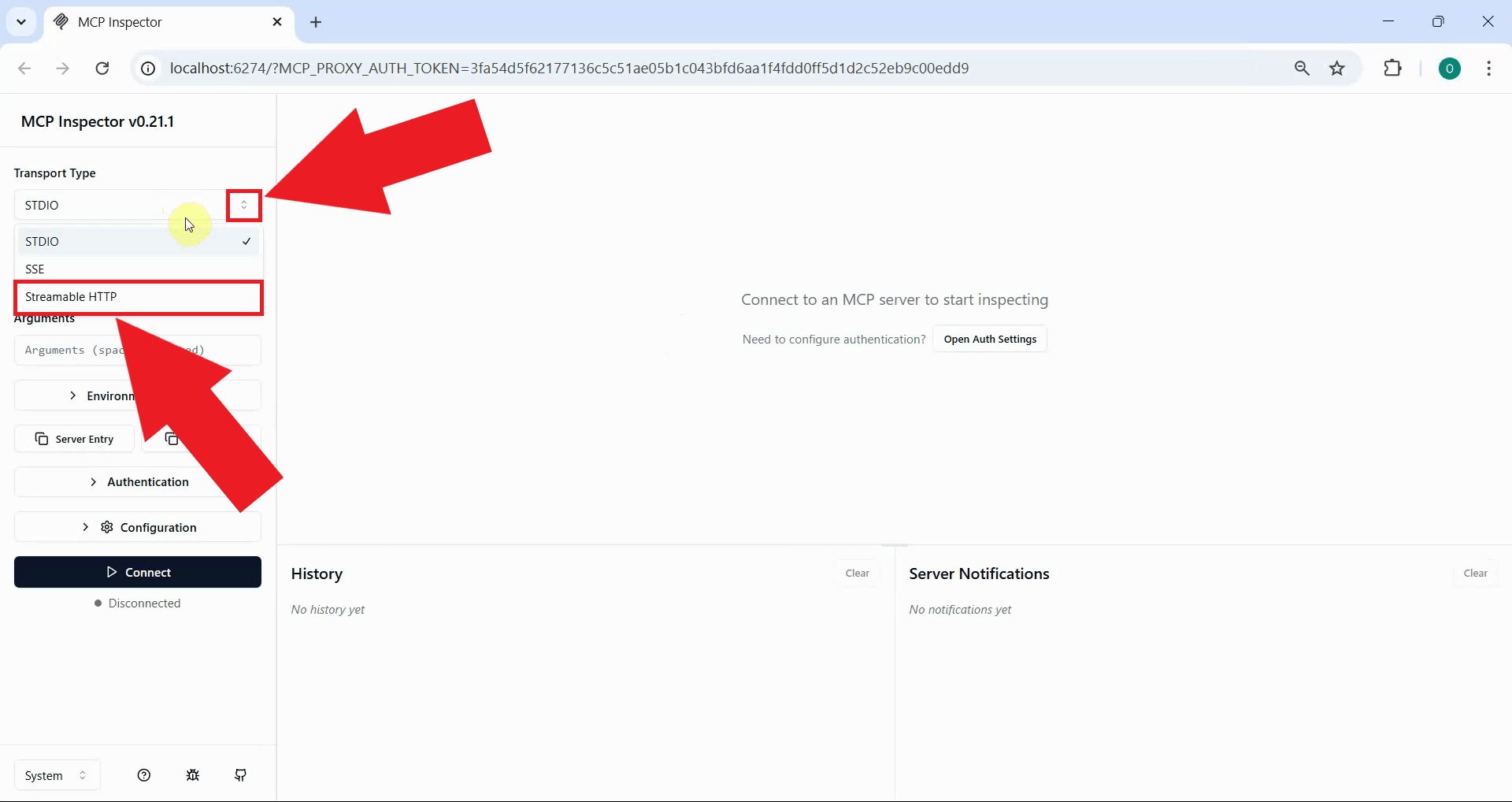 Select streamable HTTP transport type