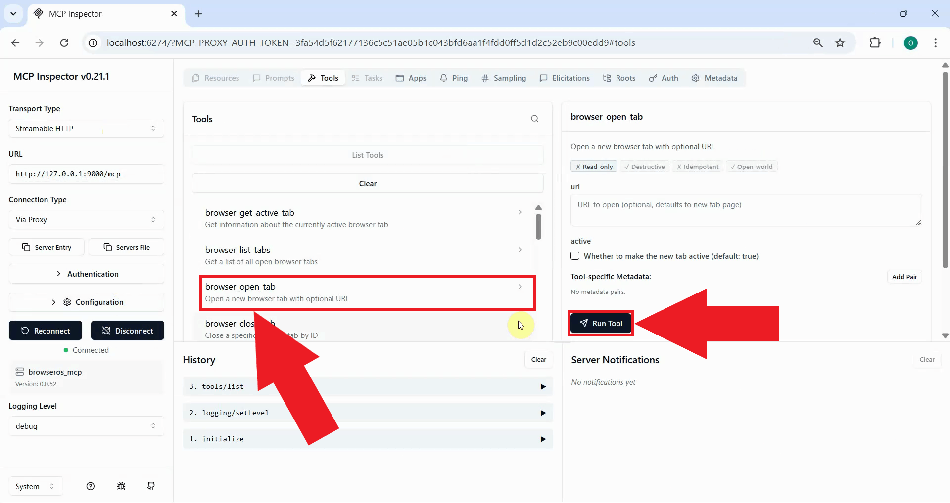 Run browser open tab tool