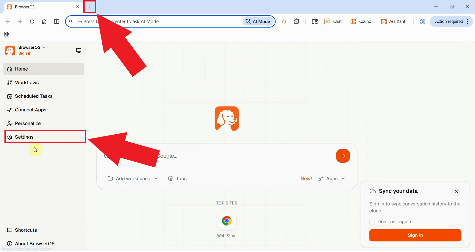 Navigate to BrowserOS settings