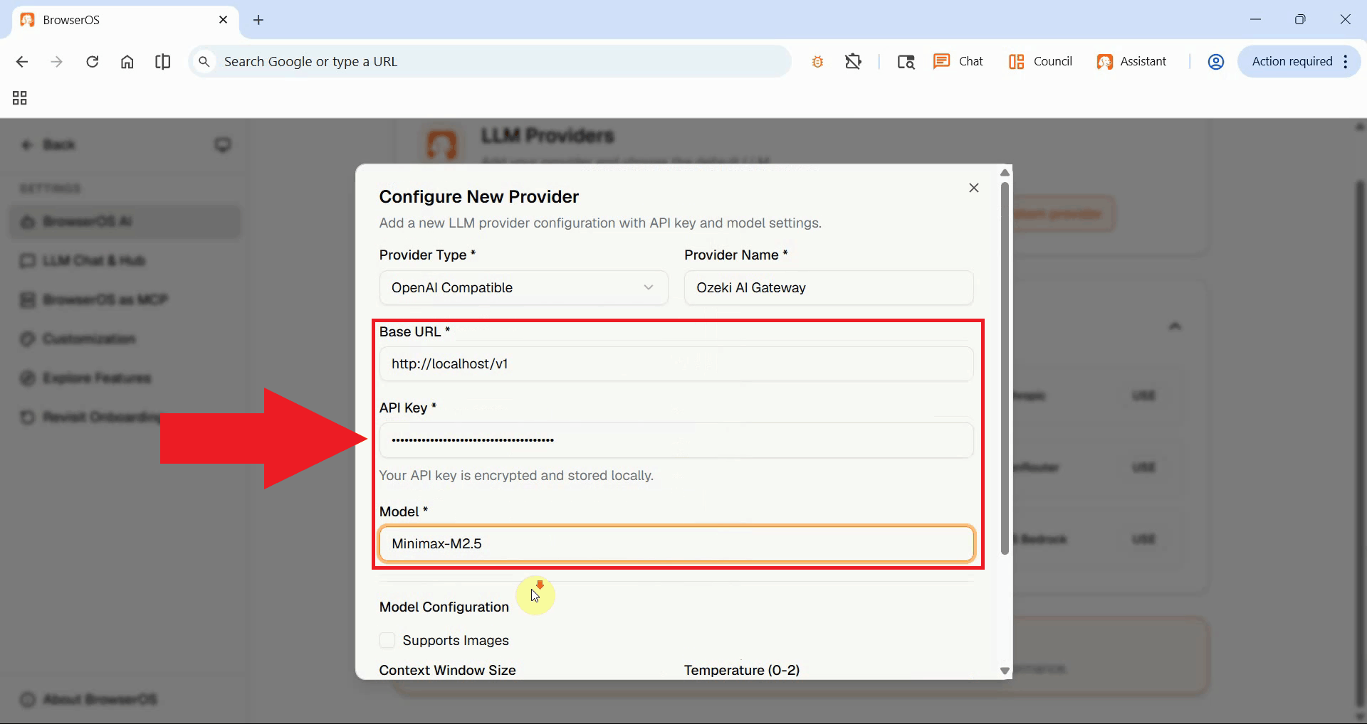 Enter base URL, API key and model