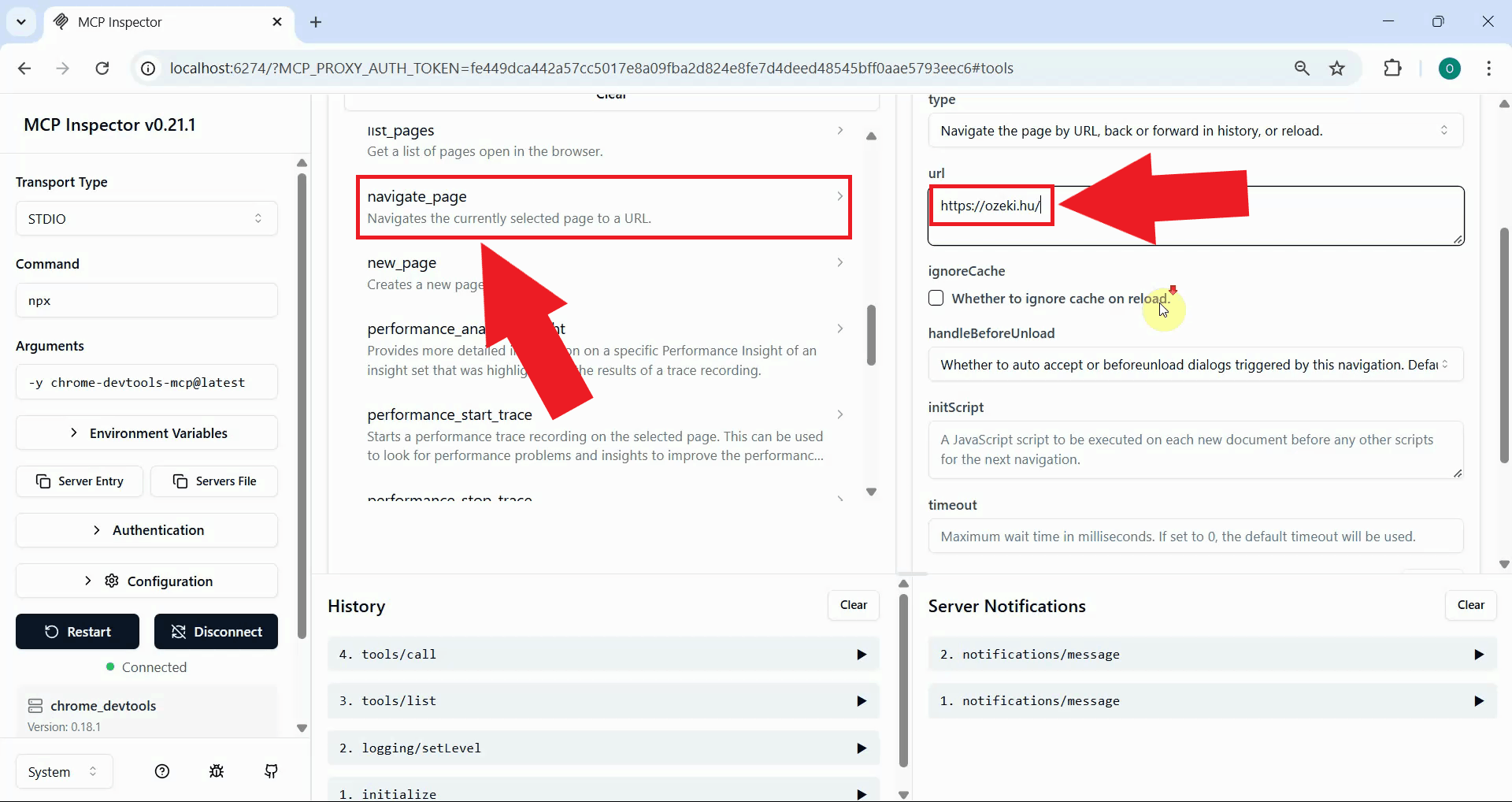 Select navigate page tool and enter URL