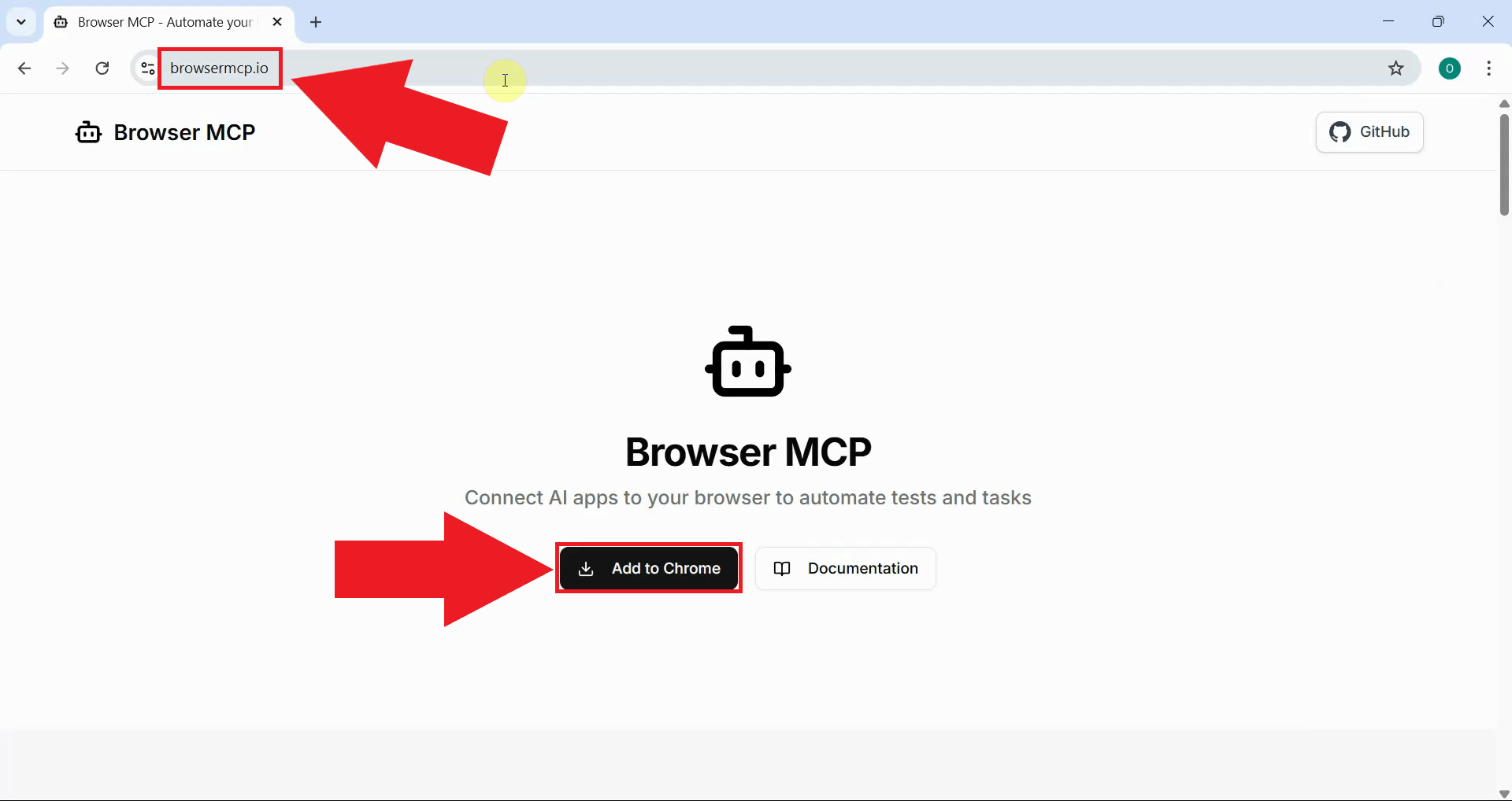 Open Browser MCP website and press Add to Chrome