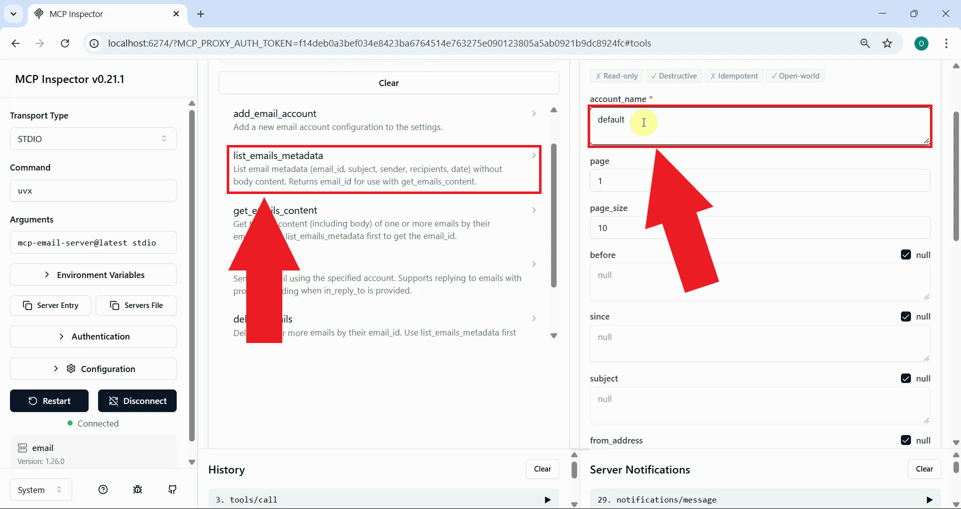 Open list emails metadata tool and set account name