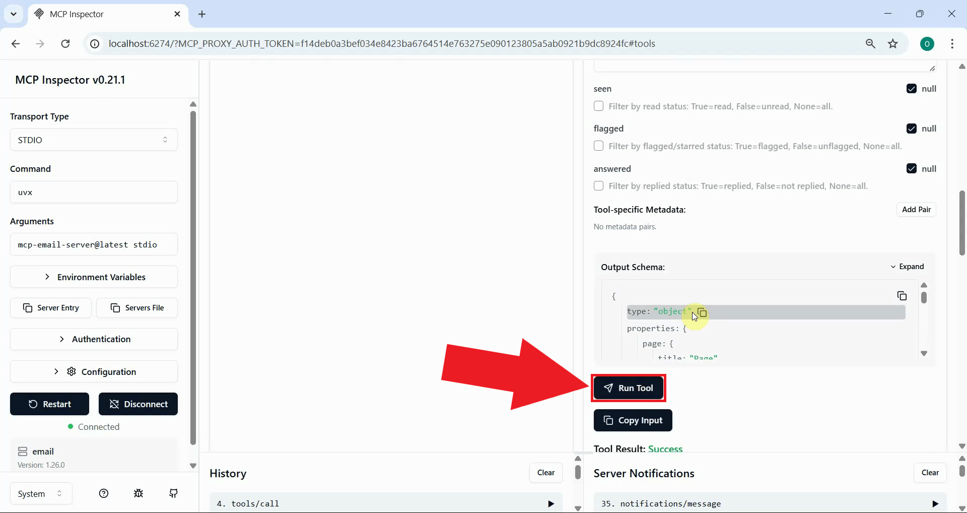 Run list emails metadata tool