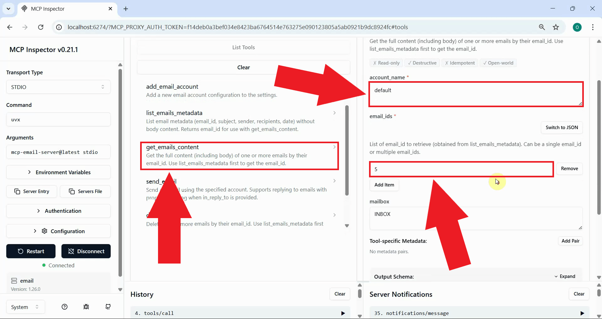 Select and configure get emails content tool