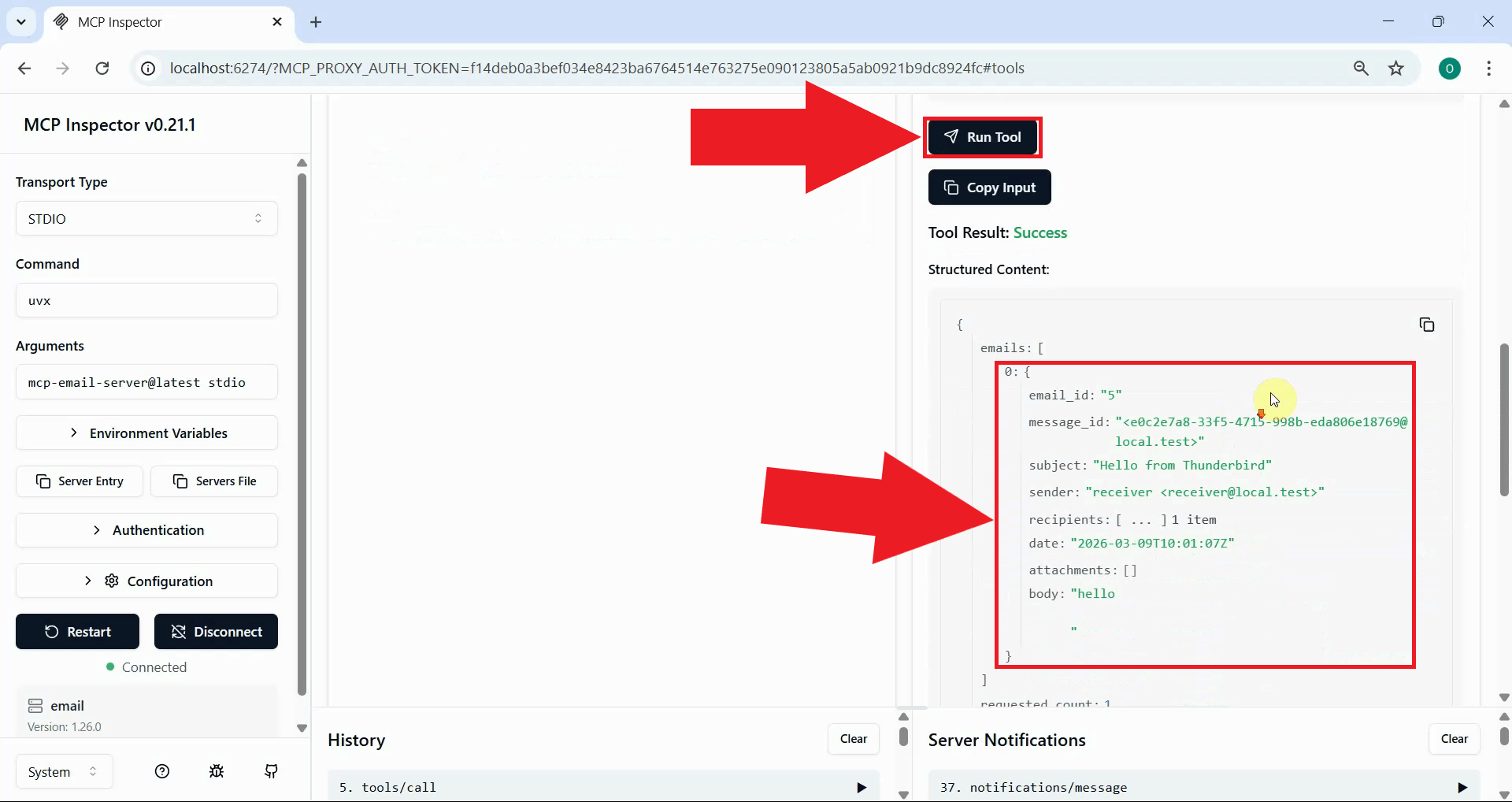 Run tool to retrieve email