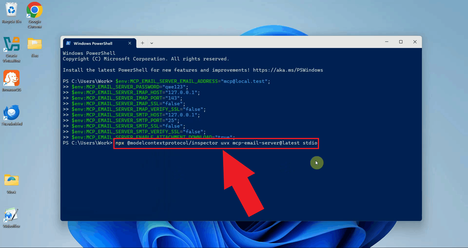 Run MCP Inspector with email server argument