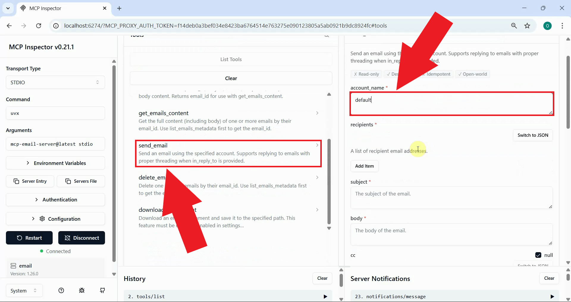 Select send email tool and enter account name