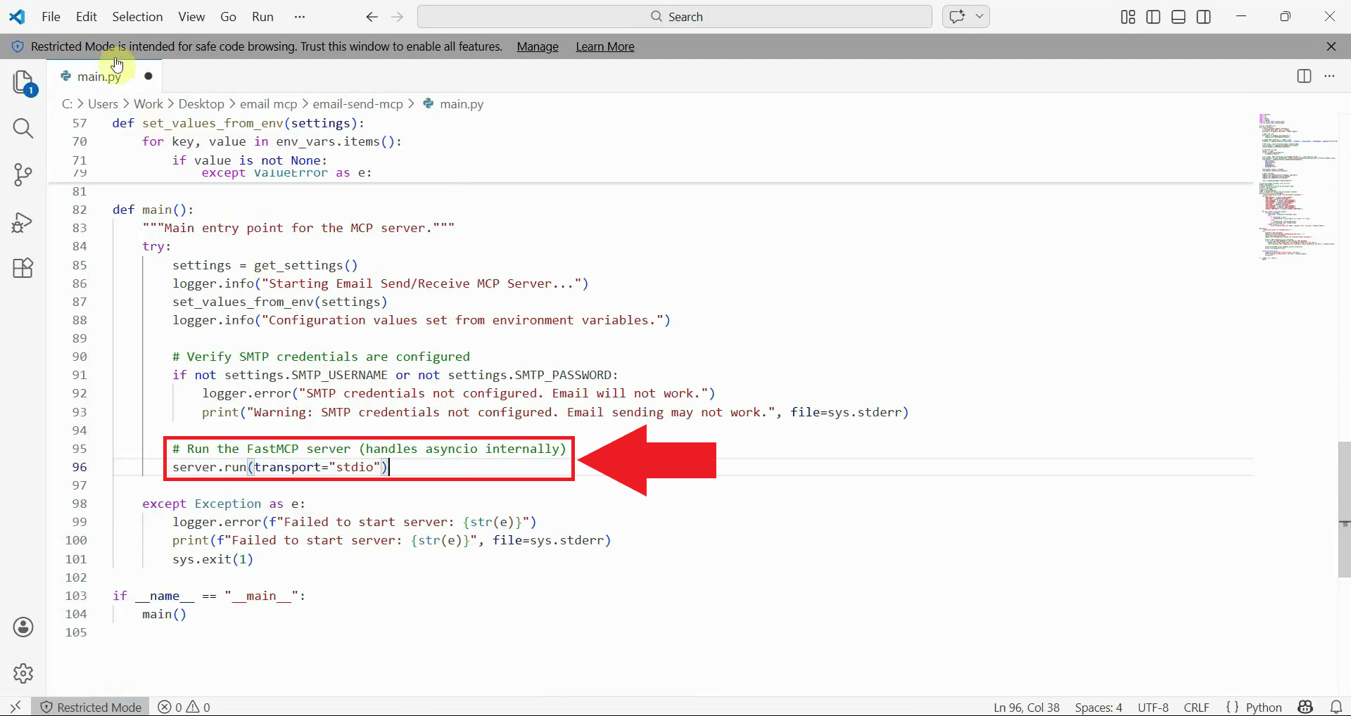 Modify server.run to use stdio transport