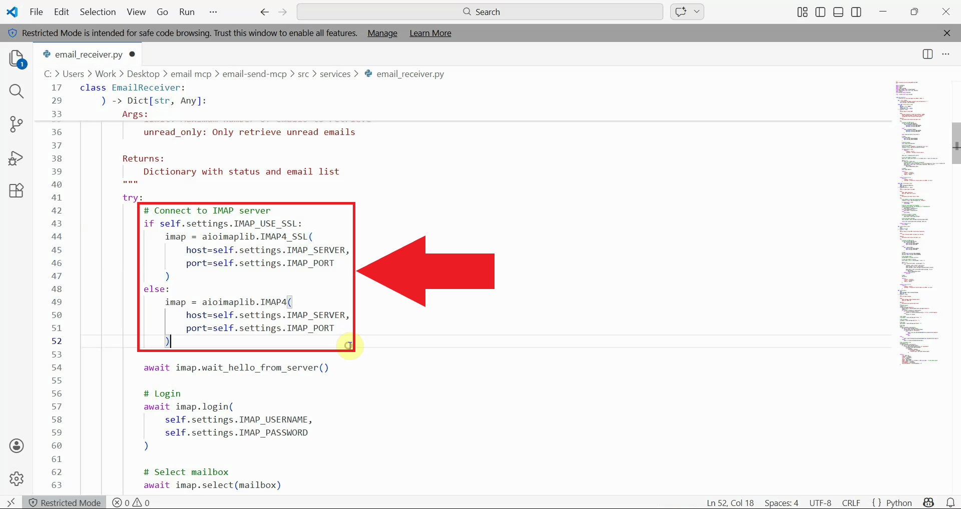 Modify IMAP server connection code