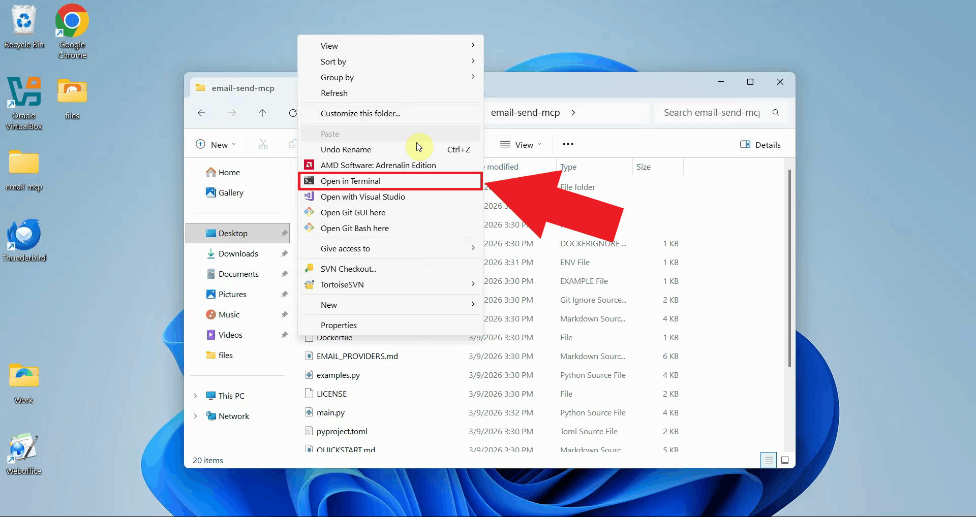 Open terminal in email send MCP folder