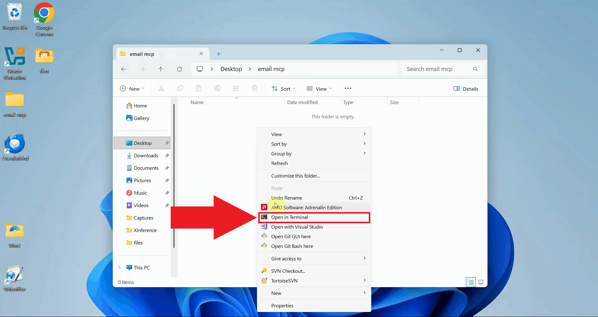 Open the folder in terminal