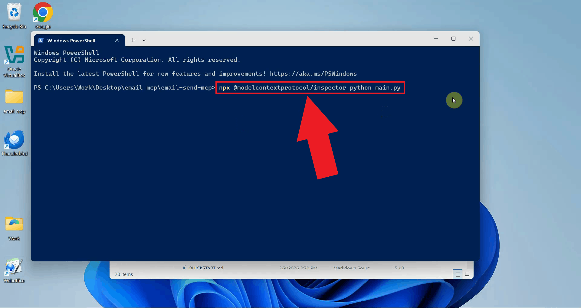 Run MCP Inspector with email server argument