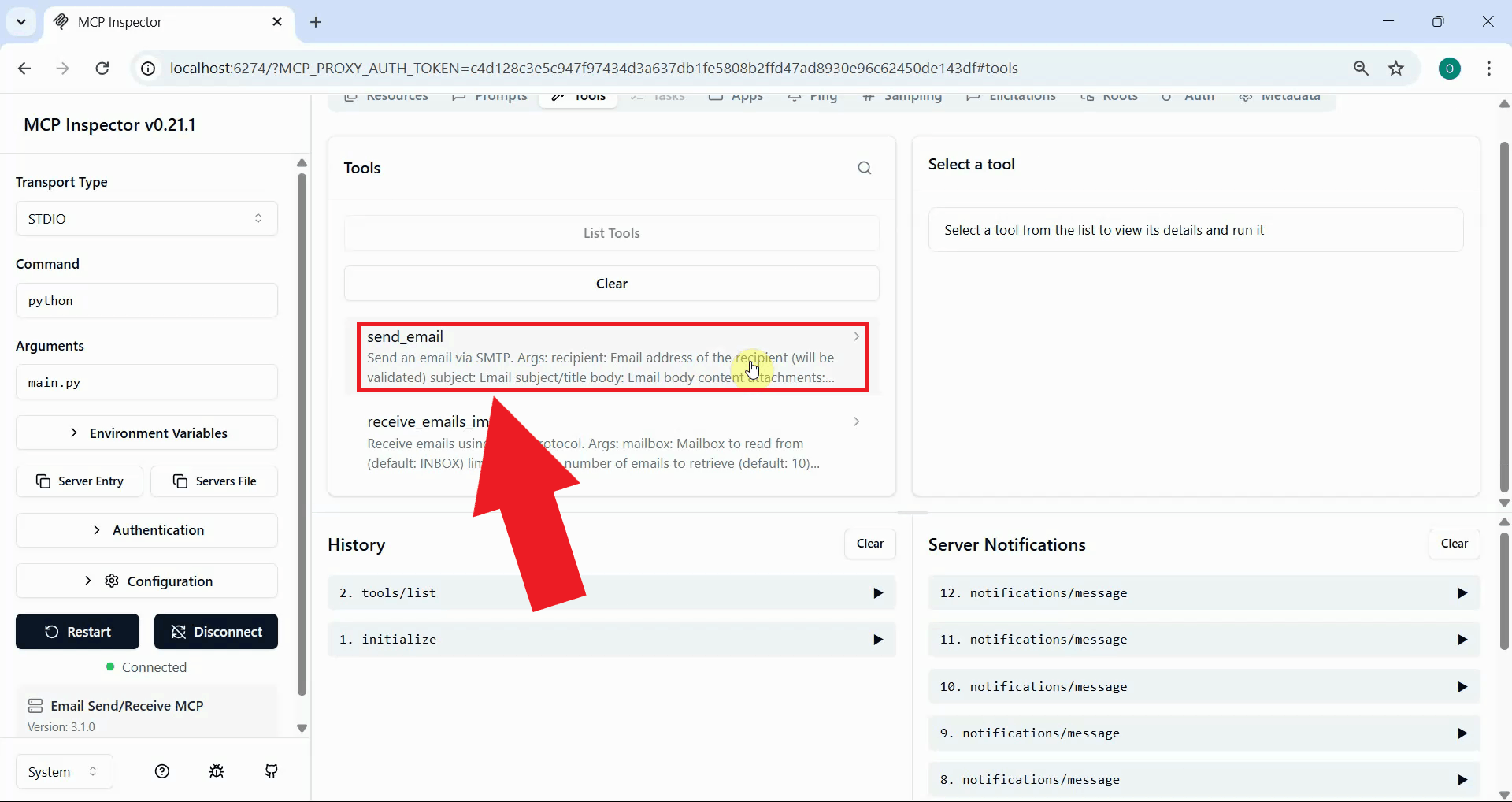Select send email tool