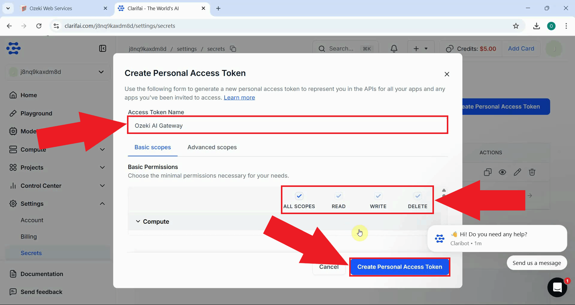Enter token name, permission and generate token