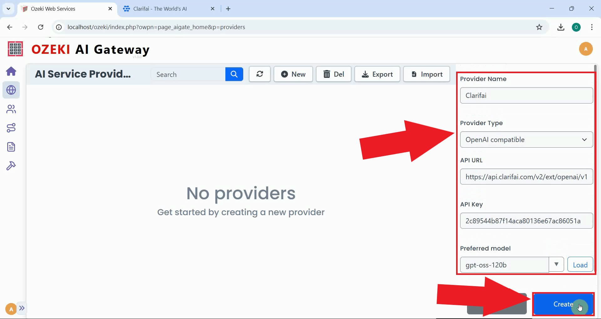 Enter provider details and create