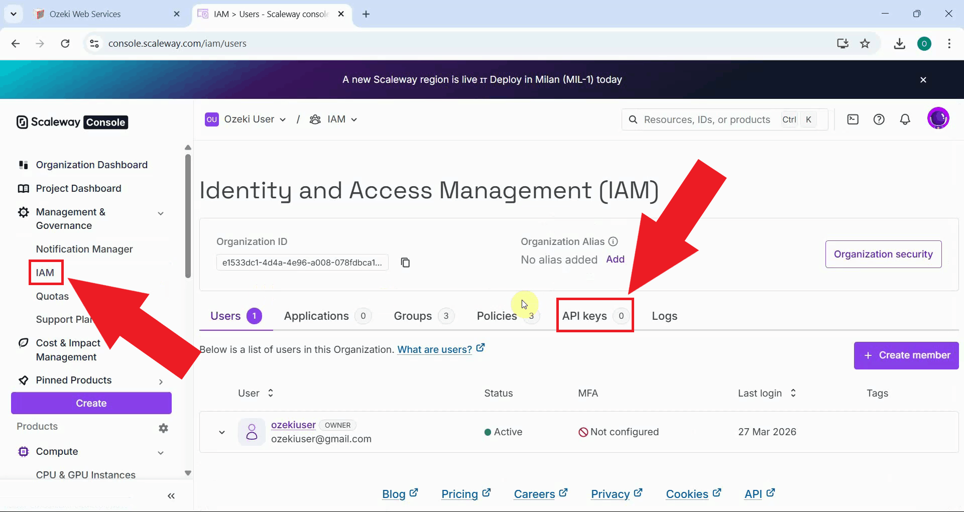 Navigate to API Keys from IAM sidebar option