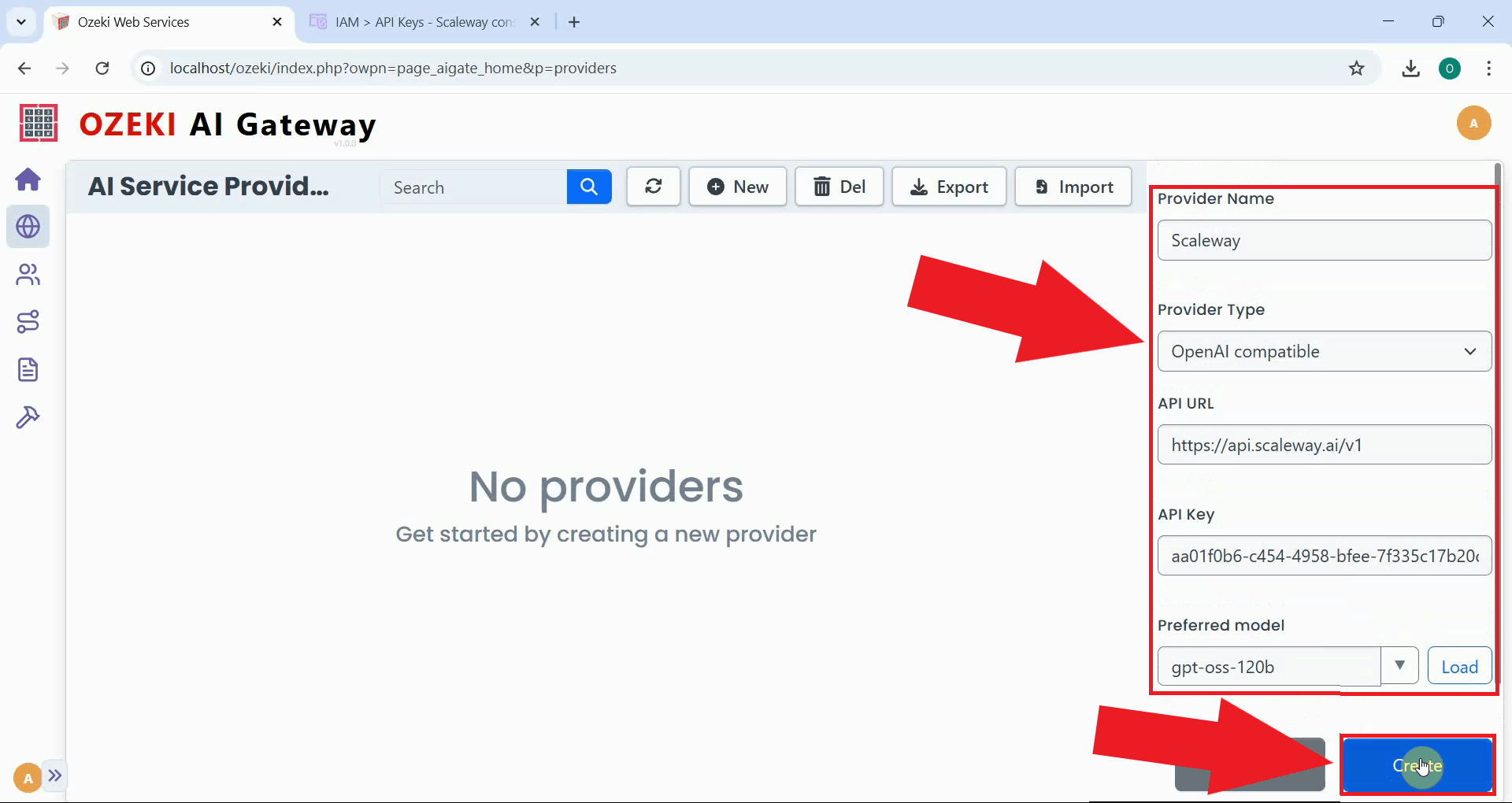 Enter provider details and create
