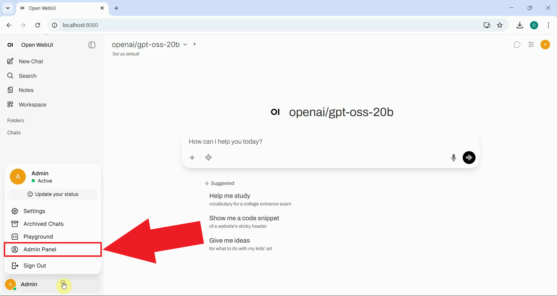 Open Admin Panel in OpenWebUI
