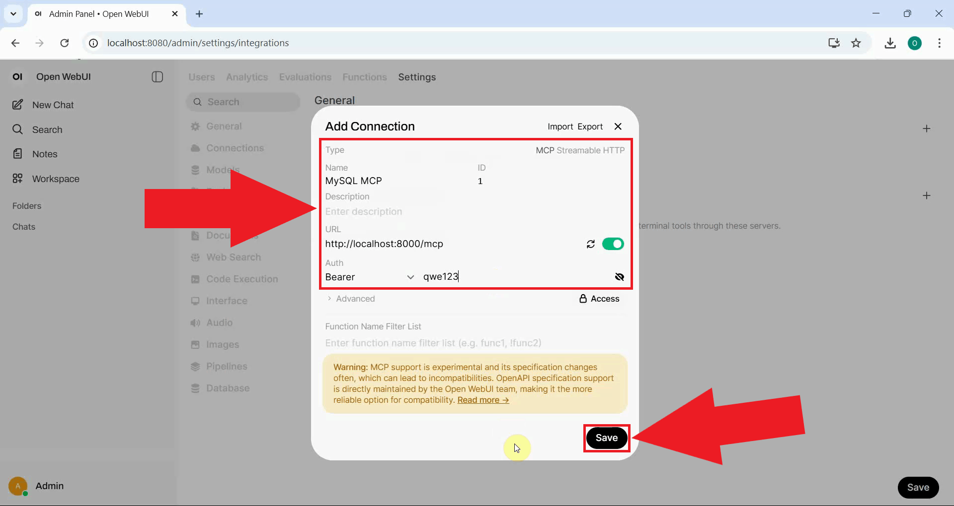 Enter MCP server details and save connection