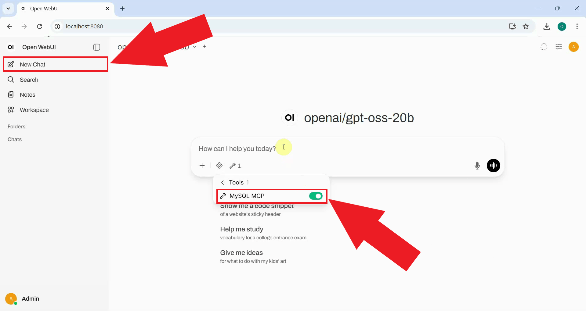 Start a new chat and enable the MySQL MCP tool
