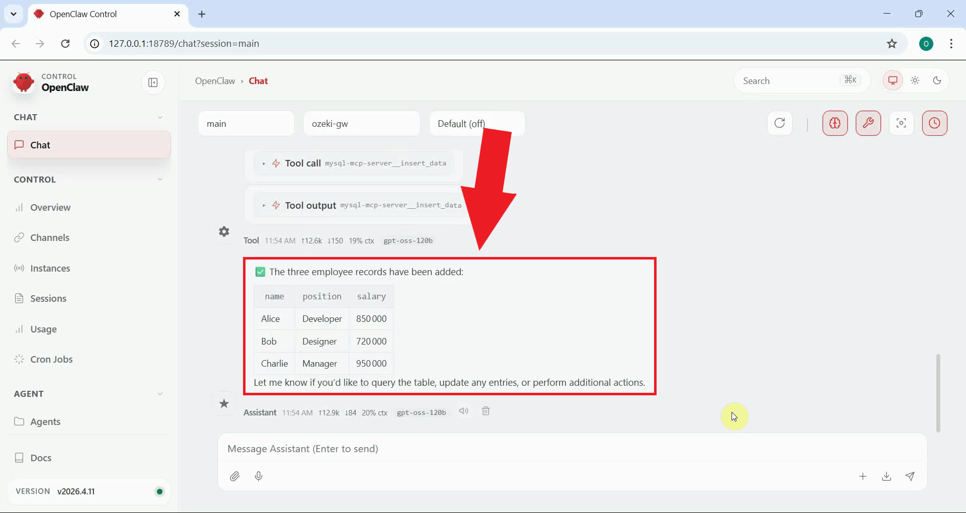 Test the insert data tool