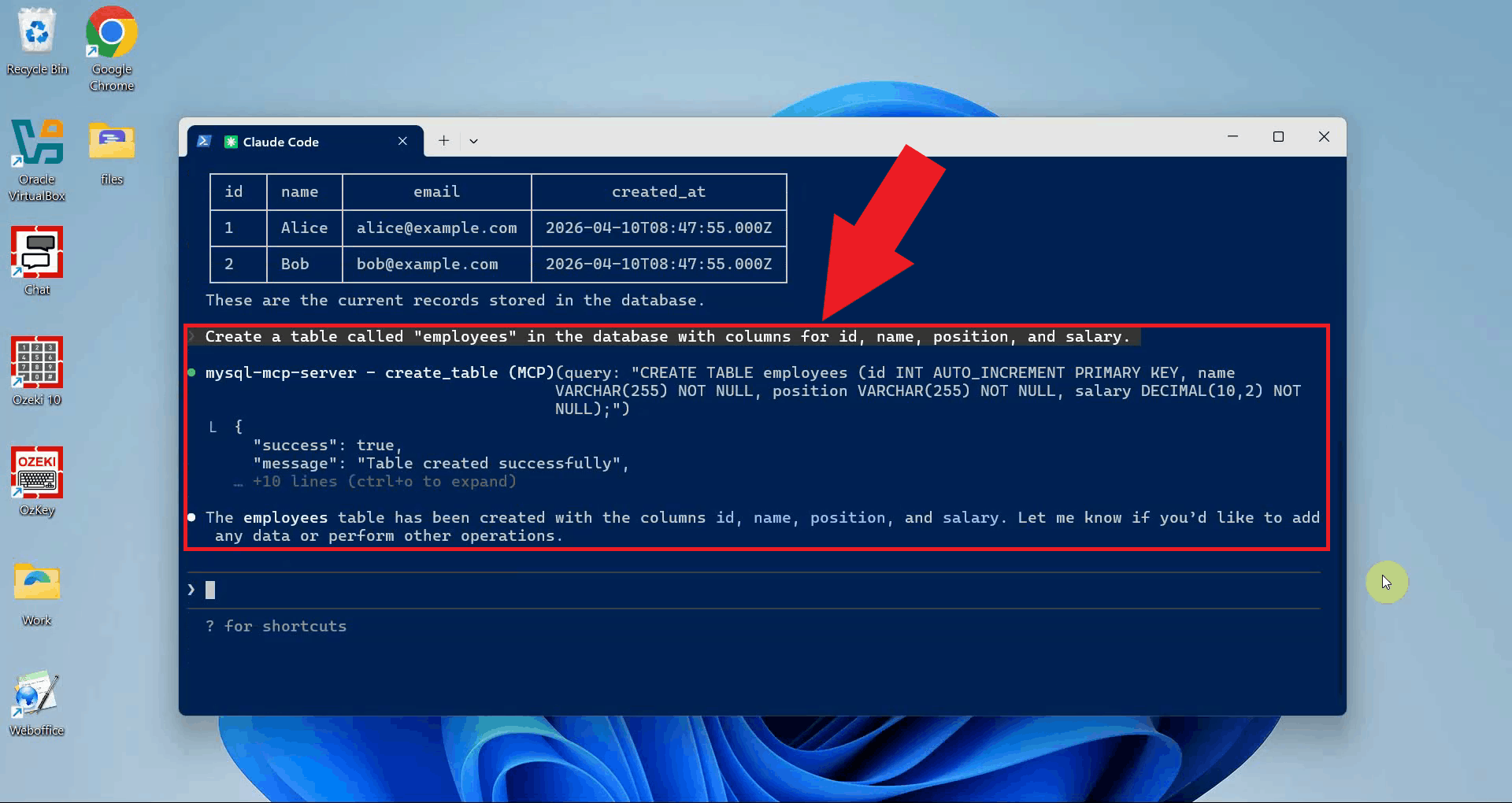 Test the create table tool