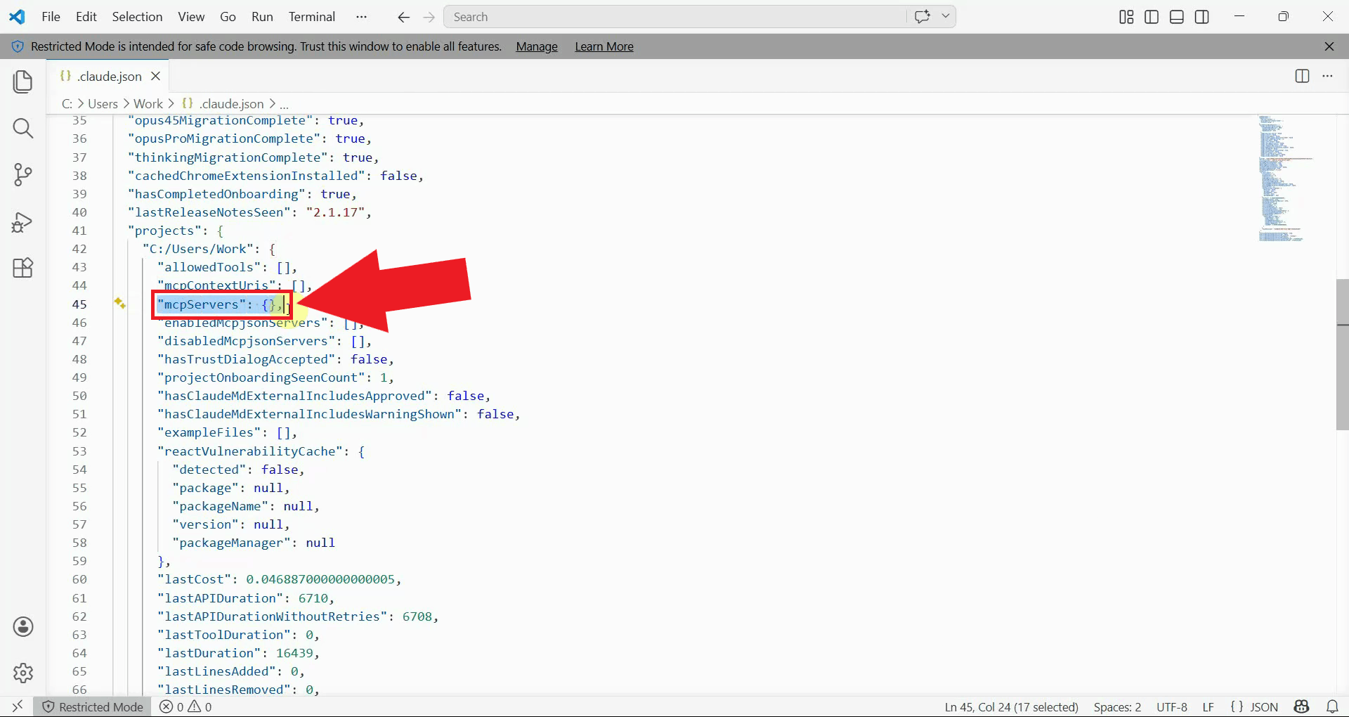 Locate mcpServers property