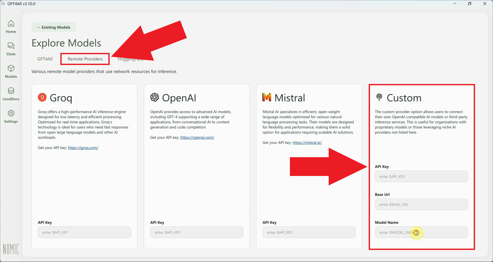 Select Remote Providers and locate the custom provider input
