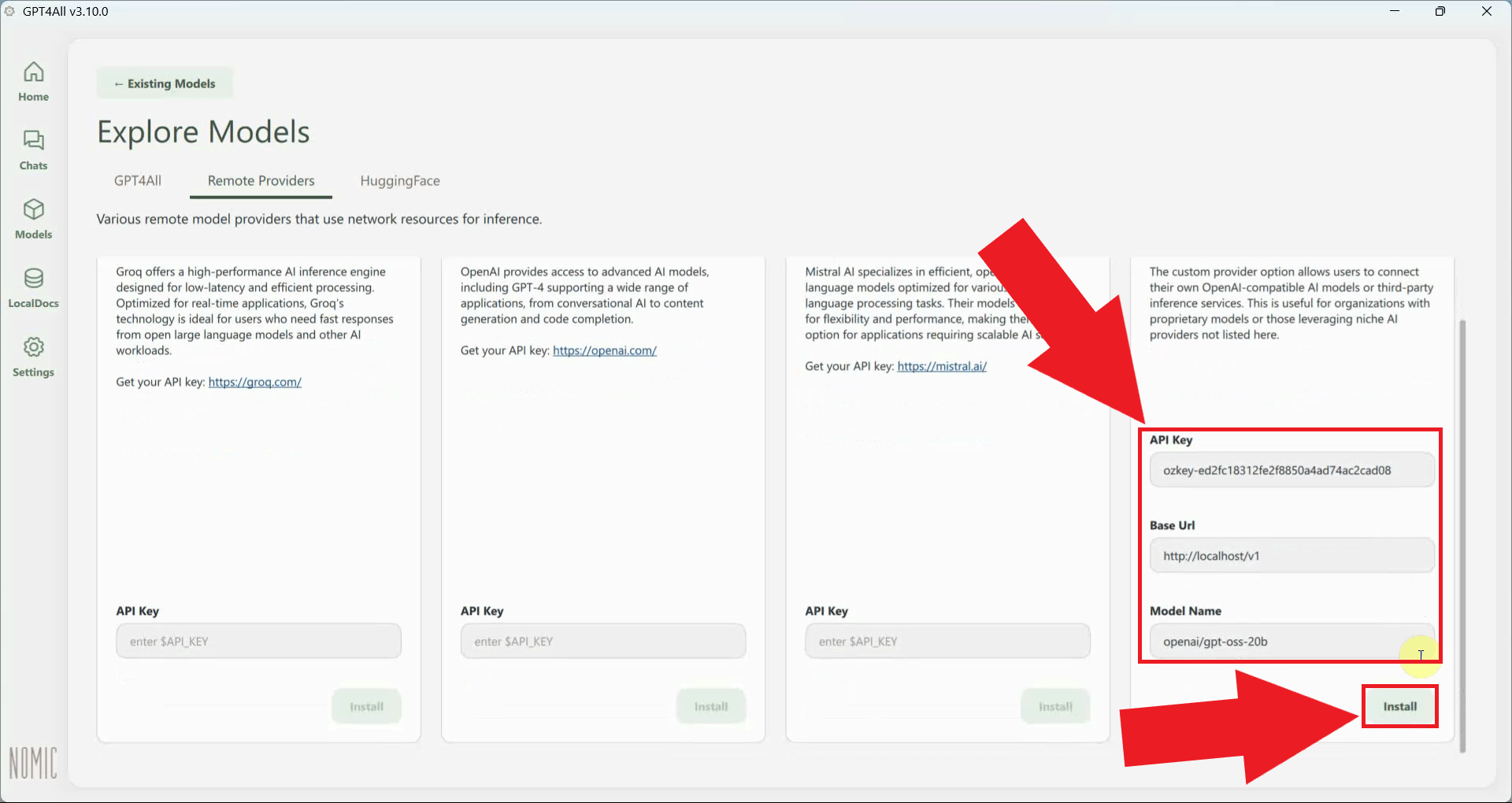 Enter details and install the provider