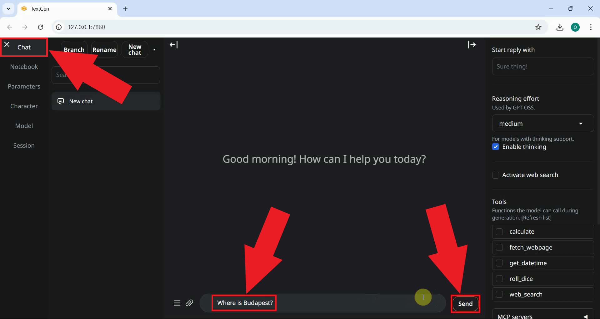 Open Chat and send a test prompt