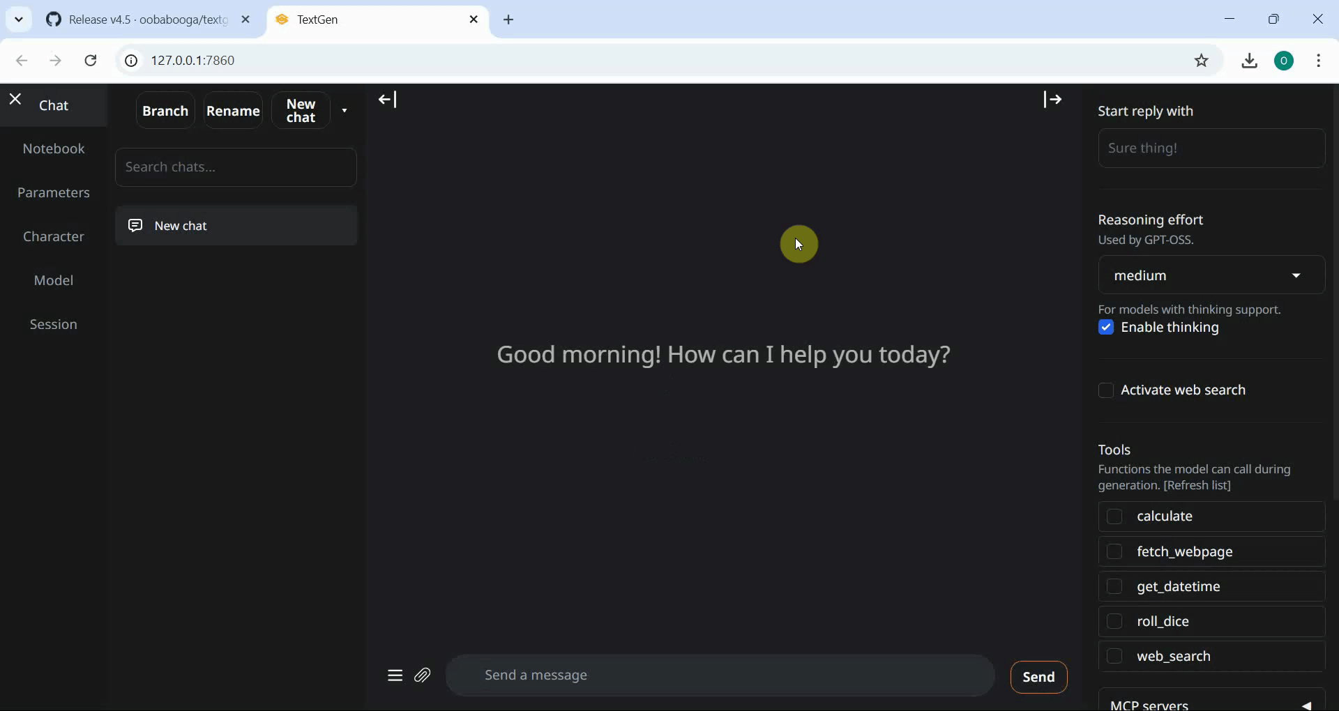Text Generation Web UI dashboard