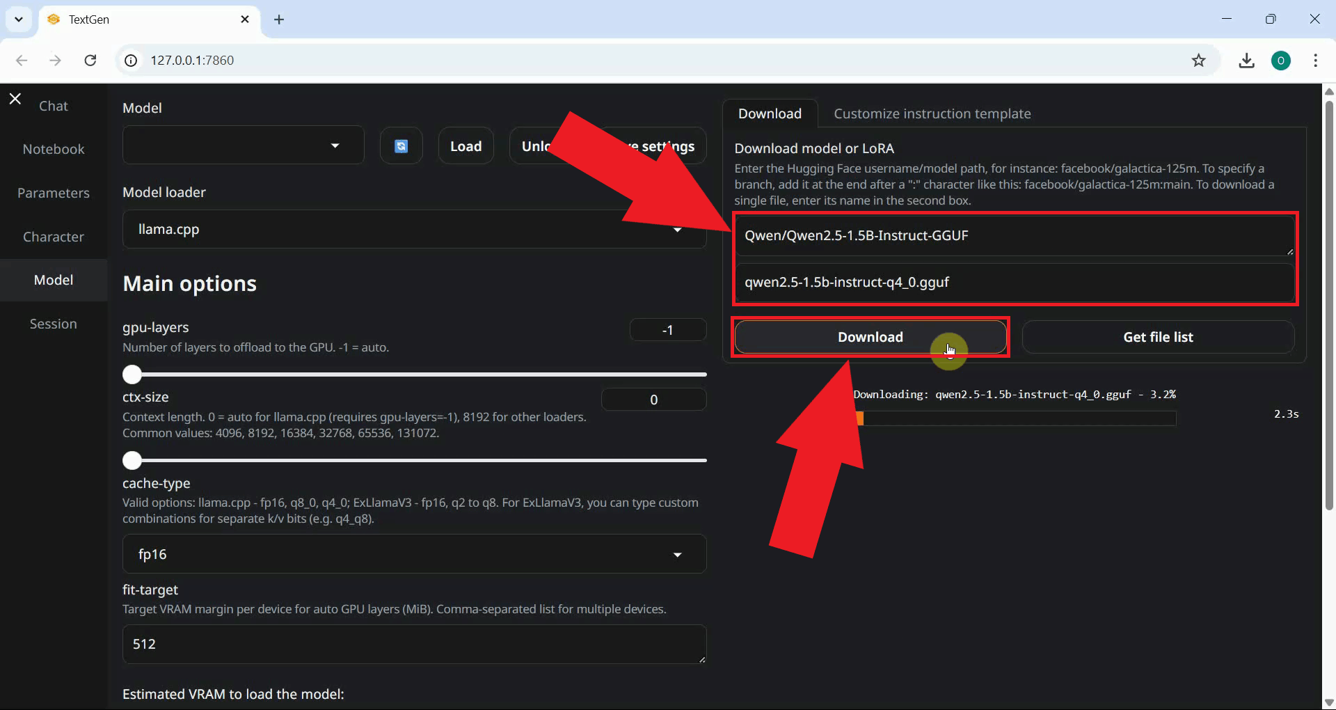 Enter Hugging Face model ID and start download