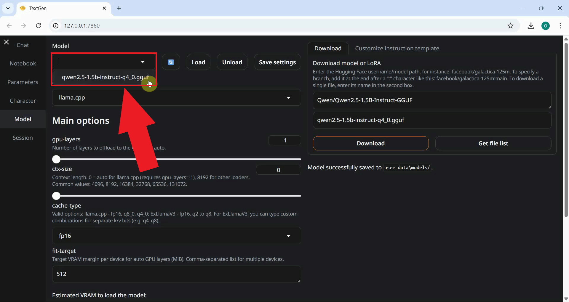 Refresh the list and select the downloaded model