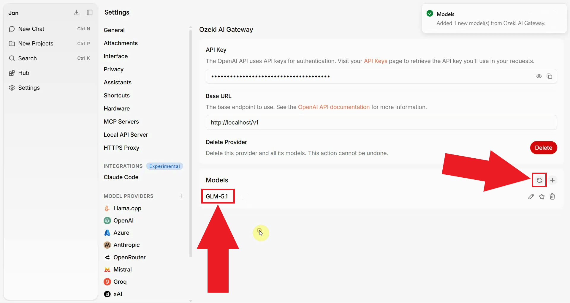 Refresh list to view models and verify connection