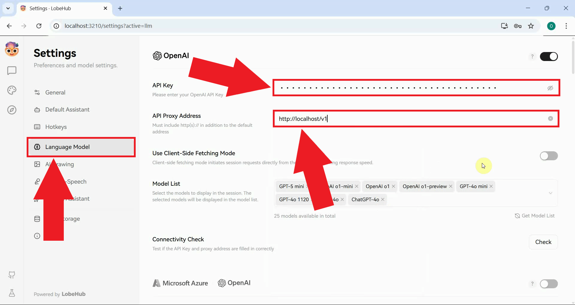 Enter Ozeki AI Gateway details in language model settings