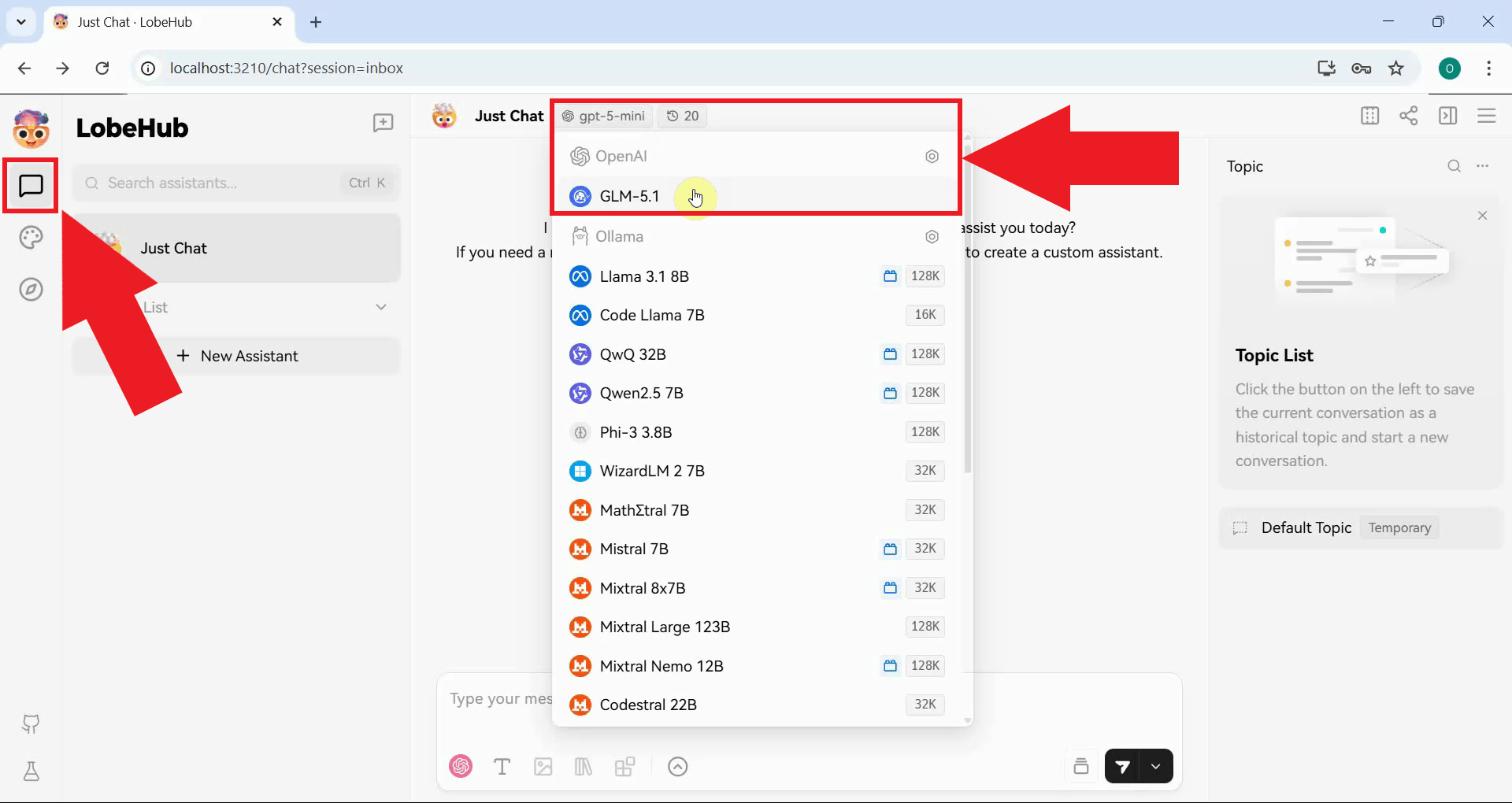 Start new chat and select the configured model