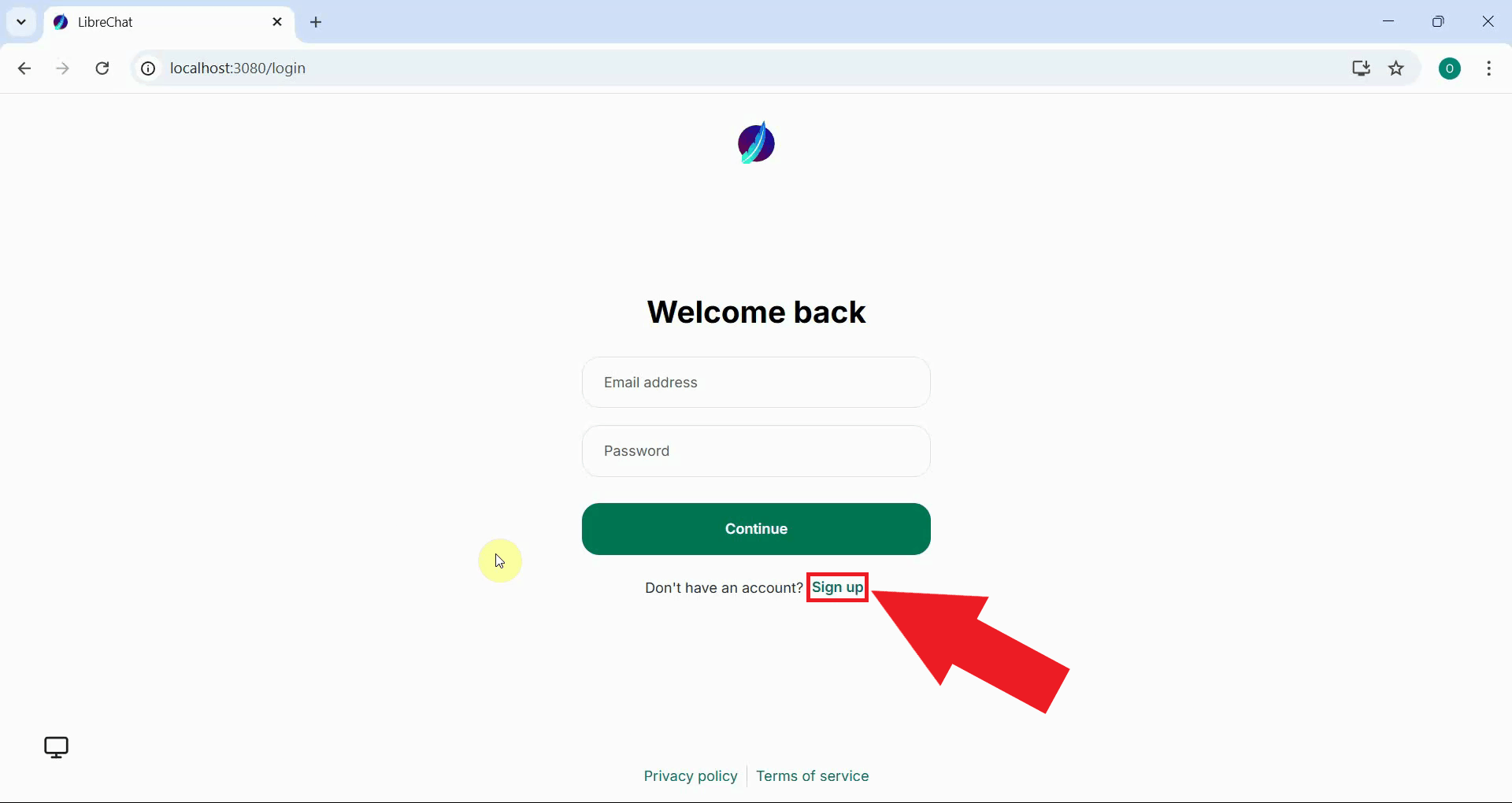 Navigate to LibreChat registration page