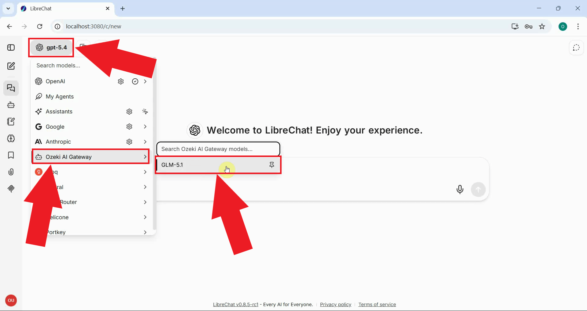 Select configured Ozeki AI Gateway LLM model