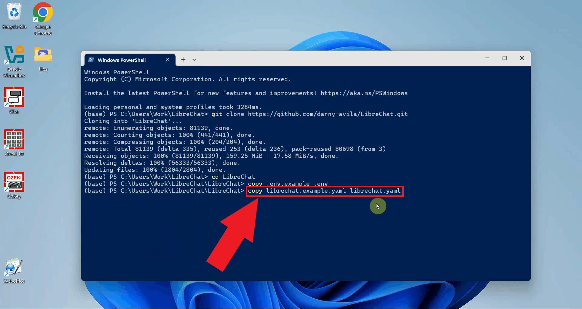 Copy librechat example to config file