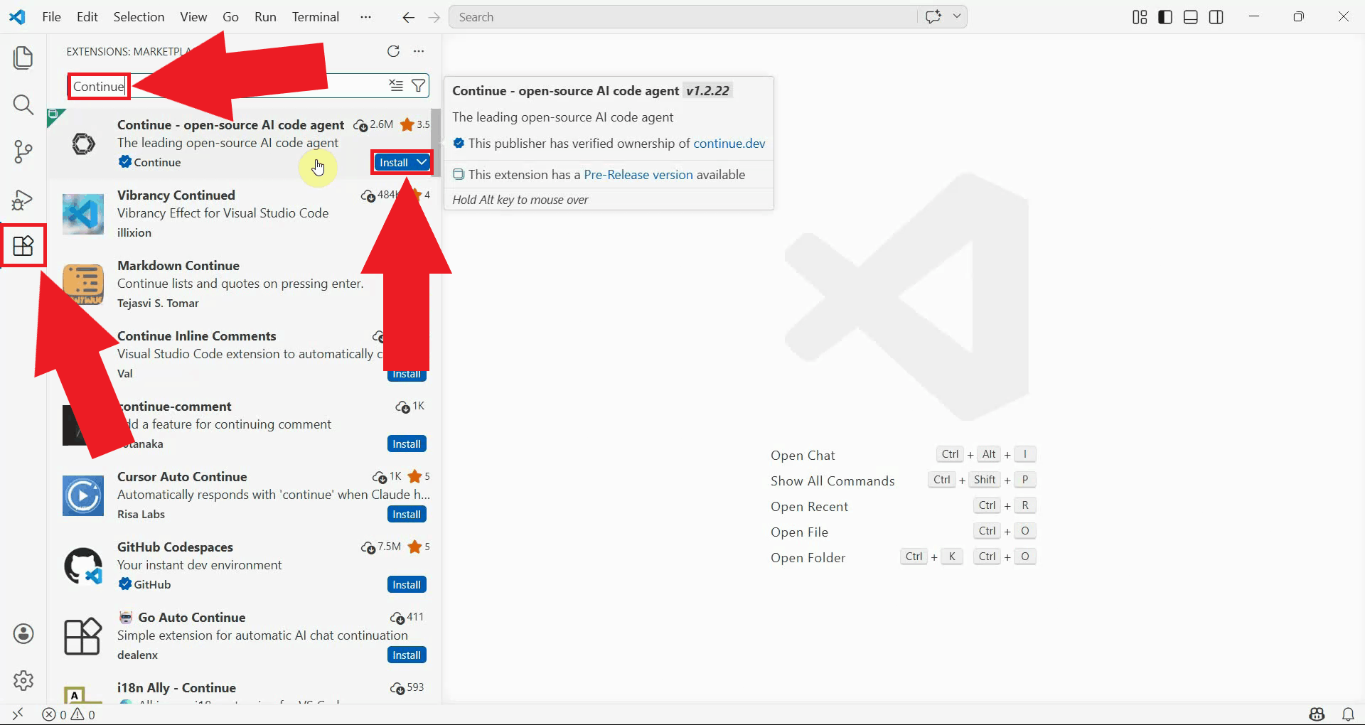 Install Continue extension in VS Code