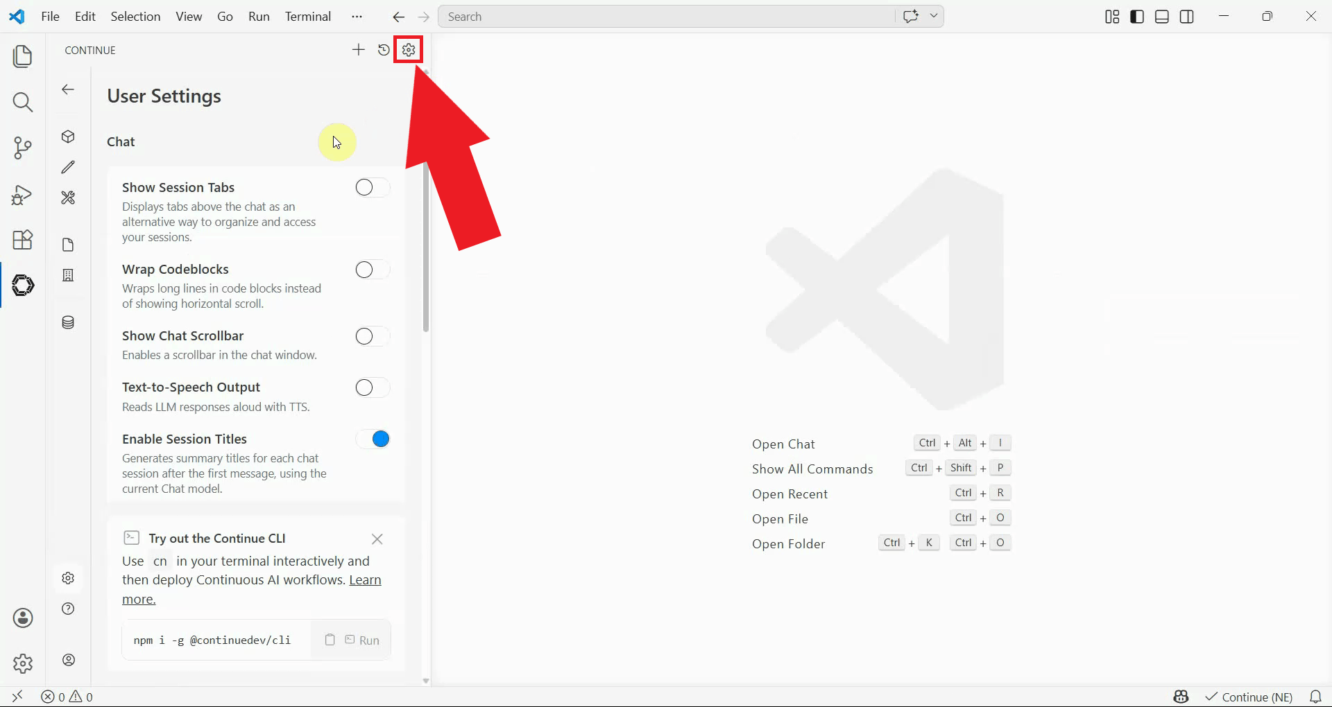 Navigate to Continue settings