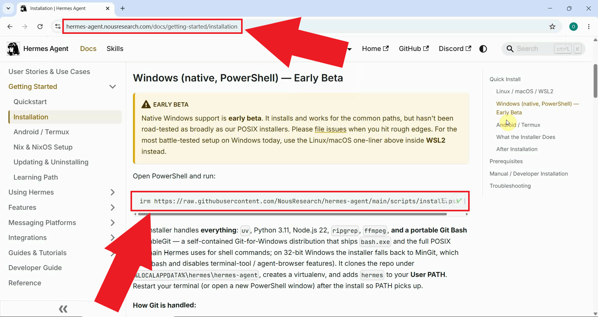 Copy PowerShell install command from the Hermes website