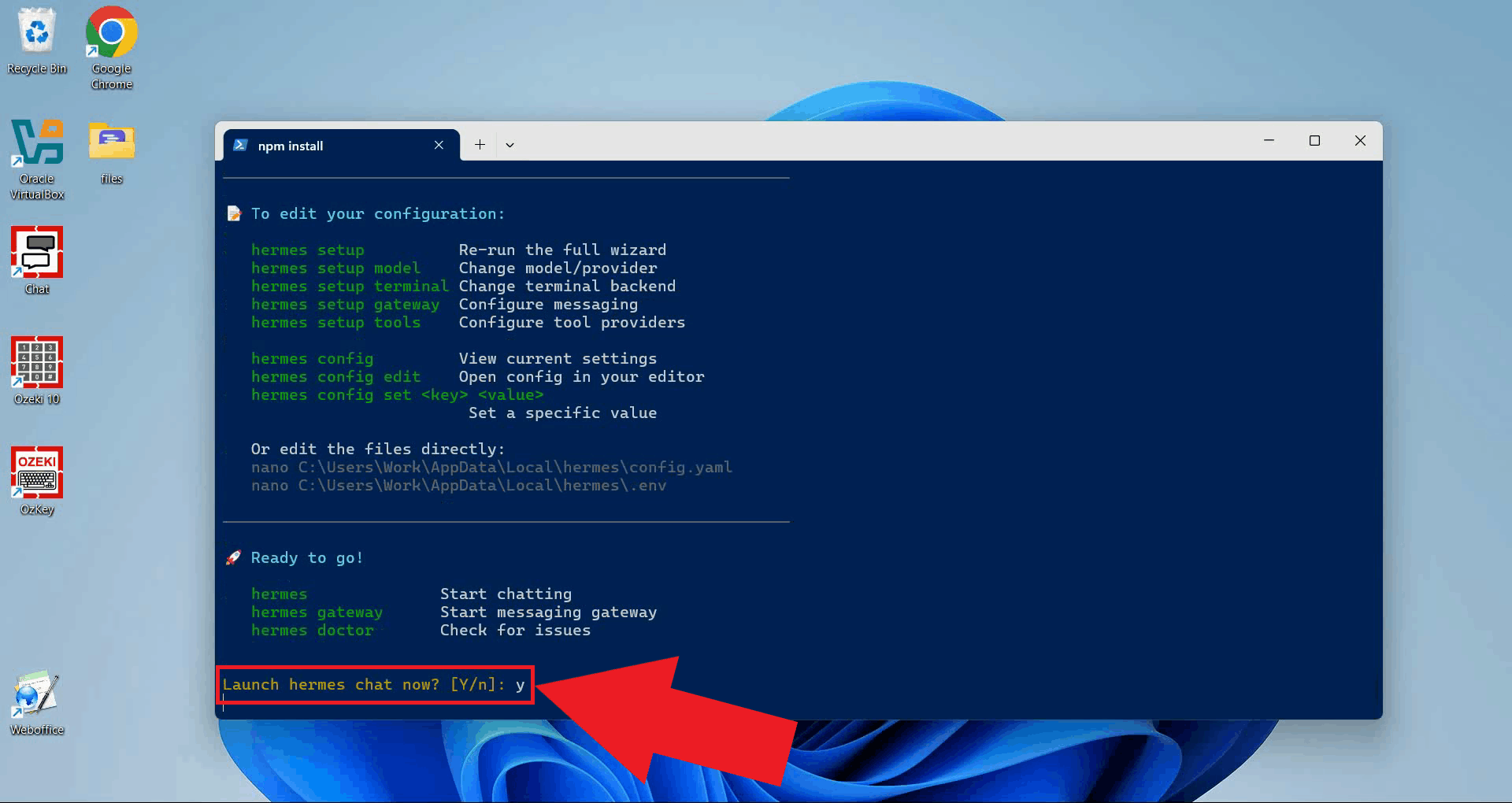 Type y to launch Hermes Agent