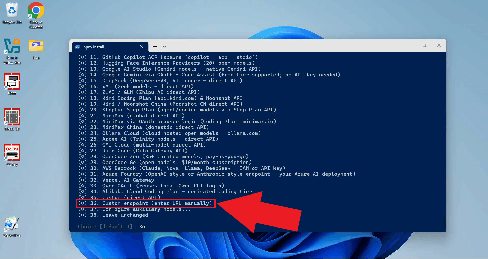Select the custom endpoint option