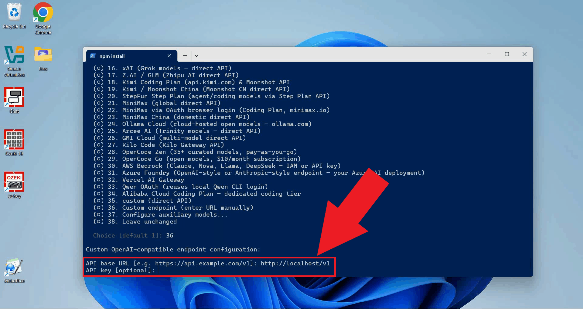 Enter the Ozeki AI Gateway URL and API key