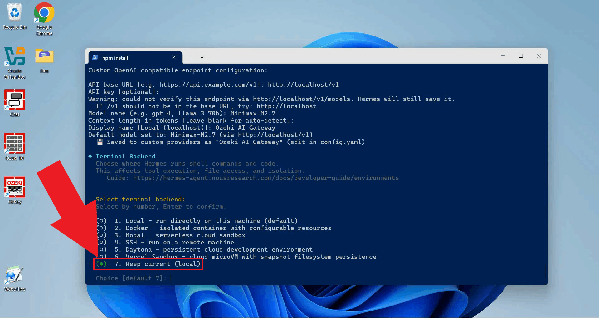 Select the local terminal backend
