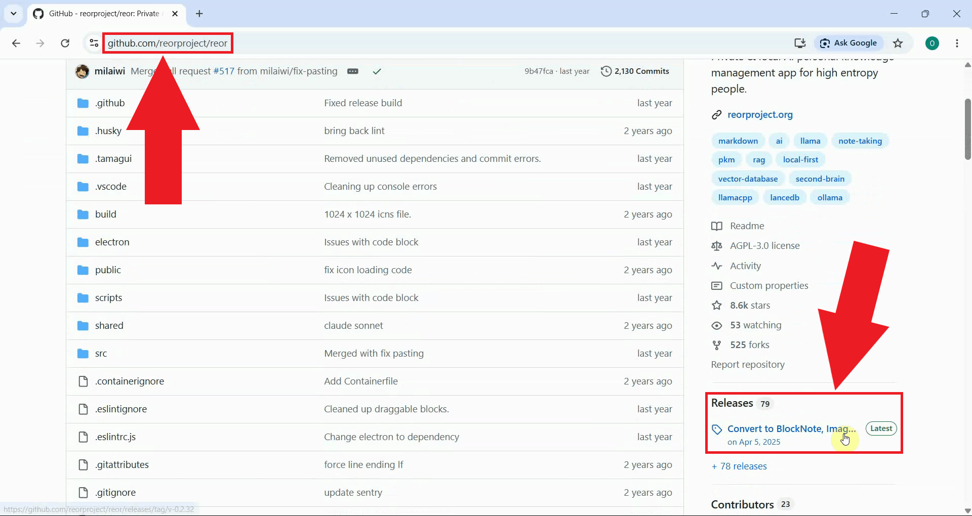 Navigate to Releases on the Reor GitHub page