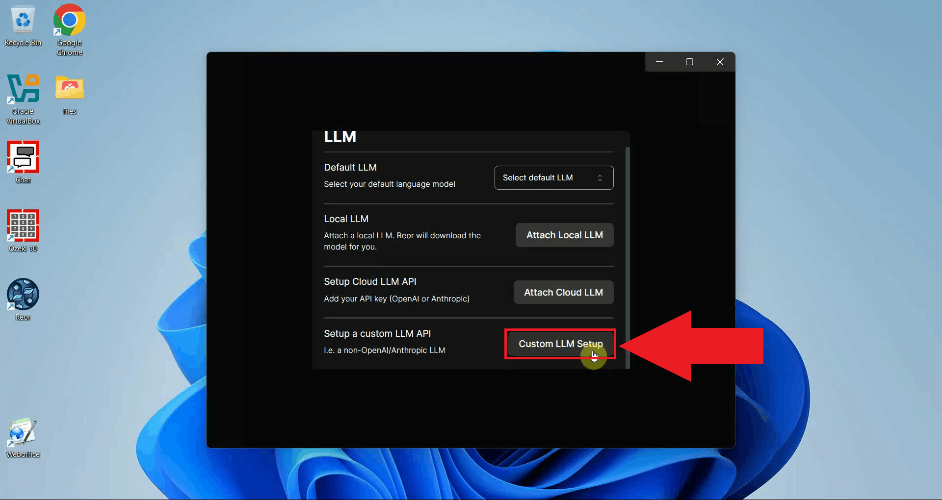 Open the custom LLM setup form